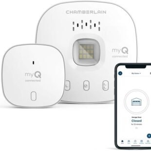 Chamberlain myQ garage door opener with smartphone app display.