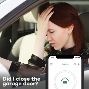 Worried woman checks garage door app in car.