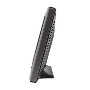 Side view of a digital monitor on stand.