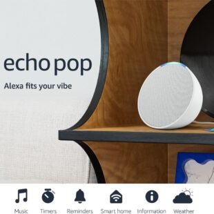 Echo Pop smart speaker on wooden shelf.