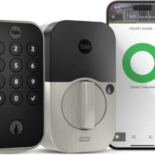 Smart lock with keypad and smartphone app display.