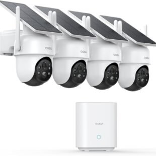 Solar-powered security cameras with base station.