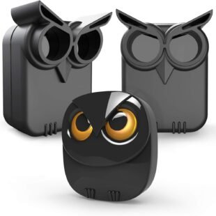 Black owl-shaped camera covers with orange eyes.