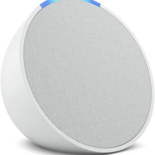 White smart speaker with blue light ring