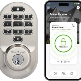 Smart lock with keypad and smartphone app interface.