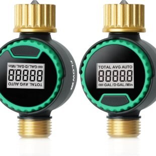 Digital water flow meters with brass connectors.