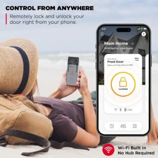 Woman using phone app to lock home door remotely.